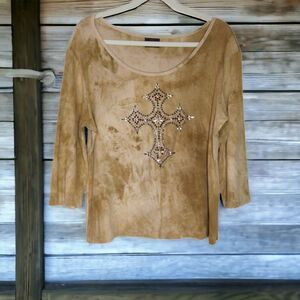 Y2K Lady Noiz Brown Tie-Dye Studded Cross Top 3/4 Sleeve Scoop Neck